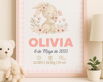May include: A framed nursery print featuring a cute bunny illustration with floral accents. The print includes the name "OLIVIA", birth date, time, weight (3630g), and length (51 cm). The frame is pink, and the background has a pink gingham pattern.