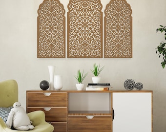 Marokkanische Holzplatten, Gitter-Dekorplatten, Arabische Fensterwand, marokkanische Wandkunst, Arabesken-Holzplatten, marokkanische Wanddekoration