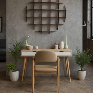May include: A modern home office setup featuring a light wood desk with white drawers, a beige chair, and a circular wall shelf. Decorative vases and plants in white pots add a touch of nature. The room has a neutral color palette.