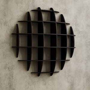 May include: A dark brown, circular wall shelf with a grid-like design. The shelf is made of vertical and horizontal wooden slats, creating multiple storage compartments. The shelf is mounted on a light gray textured wall.