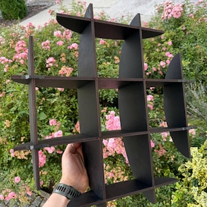 May include: A dark brown, geometric wall shelf with multiple cubby spaces. The shelf is held up by a hand, and is set against a backdrop of pink flowers and green foliage. The shelf is made of wood and has a grid-like design.