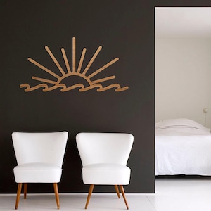 Zonsondergang met golven houten muurkunst, zonsopgang kunst hout, zon en golf muur decor, houten oceaan zonsondergang muur kunst, zon houten muur decor, golven muurkunst