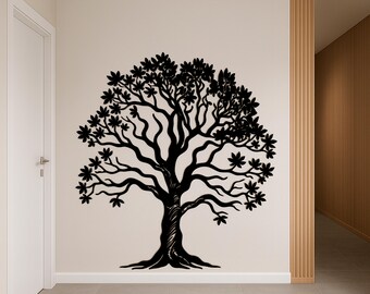 May include: A black tree wall decal with intricate branches and leaves. The tree is affixed to a light beige wall, creating a striking contrast. The decal's design includes a detailed trunk and root system, adding depth and dimension to the wall art.