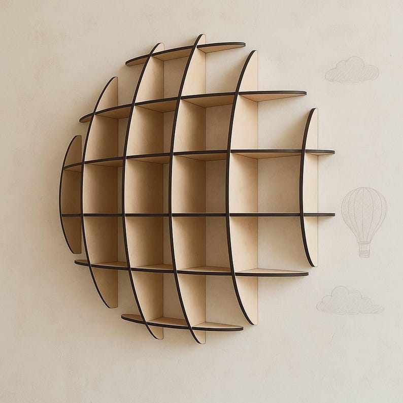 May include: A wooden, spherical wall shelf with multiple compartments. The shelf is constructed from light-colored wood with dark brown edges, creating a contrasting design. The shelf is mounted on a neutral-colored wall.