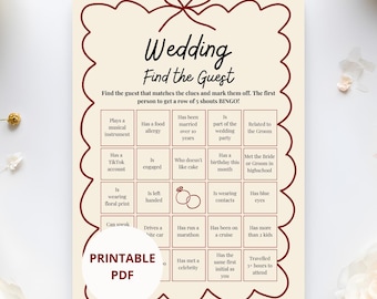 Bingo imprimible para bodas: Encuentra al invitado / Actividad para romper el hielo en la boda / Bingo para la despedida de soltera / Juego de mesa para la recepción de la boda
