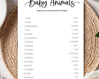 Baby Animal Matching Game Printable | Name the Baby Animal Baby Shower Game | Who’s My Mama Game | Woodland Safari Baby Shower Activity