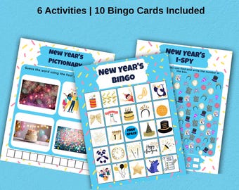 Neujahr Aktivität Blätter für Kinder druckbar | Silvester Spiele Bundle | Kids Party-Aktivitäten | Januar Arbeitsblätter