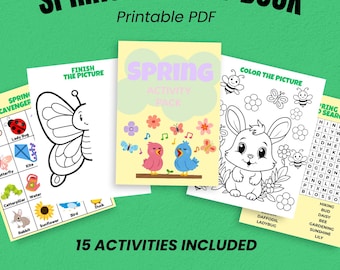 Voorjaarsactiviteitenboek afdrukbaar voor kinderen | Voorjaarsspelletjes en kleurplaten | Activiteitenpakket voorjaarswerkbladen | Afdrukbaar druk boek voor kinderen (pdf)