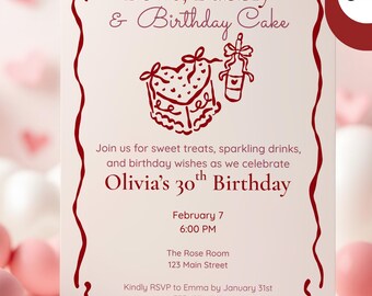 30th Birthday Invitation | Bows Bubbly and Birthday Cake Invite | Girls Birthday Party | Editable Canva Template | Pink Red Birthday Invite
