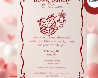 Galentines Day Invitation | Bows Bubbly and Cake Party Invite | Girls Night Valentine Party | Editable Canva Template | Galentines Invite