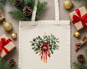 Christmas Tote Bag | Red Bow Holiday Tote | Mistletoe Greenery Bag | Traditional Christmas Gift | Reusable Holiday Shopping Bag