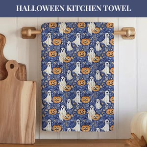 Halloween-kökshandduk | Spök-kökshandduk | Blå pumpaköksdekoration | Våffelvävd mikrofiberhandduk | Halloweendekoration | Höst-kökshandduk