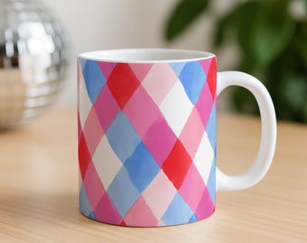 Pink Blue Argyle Mug | Gift for Her | Preppy Coffee Mug | Colorful Diamond Mug | Teacher Gift | Coworker Gift | Cute Coffee Cup