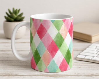 Pink Green Argyle Mug | Gift for Her | Preppy Coffee Mug | Colorful Diamond Mug | Teacher Gift | Coworker Gift | Cute Coffee Cup
