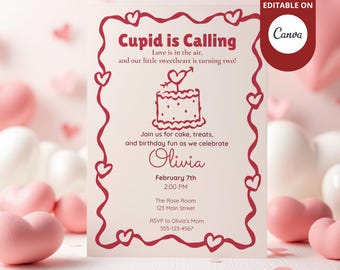 Valentine 2nd Birthday Invitation | Two Sweet Birthday Invite | Cupid Birthday Party | Valentine Birthday Invite | Editable Canva Template