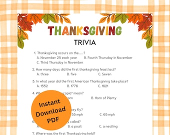 Printable Thanksgiving Trivia Game | Thanksgiving Party Game | Friendsgiving Trivia Questions | Holiday Family Activity