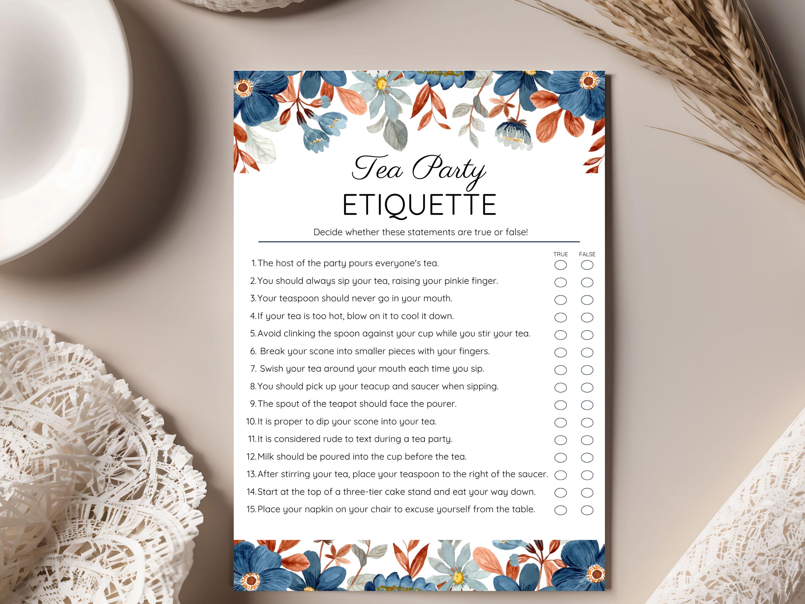 Printable Tea Party Games Etiquette Trivia for Ladies Afternoon or