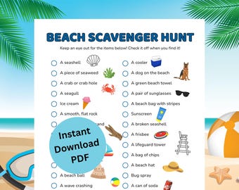 Beach Scavenger Hunt Printable | Summer Kids Activity | Outdoor Scavenger Hunt Game | Family Vacation Game | Camping Beach Activity PDF