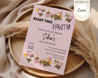 Ready Two Pawty Birthday Invitation Girl | Editable Puppy 2nd Birthday Invite | Dog Party Invitation | Second Birthday Invite