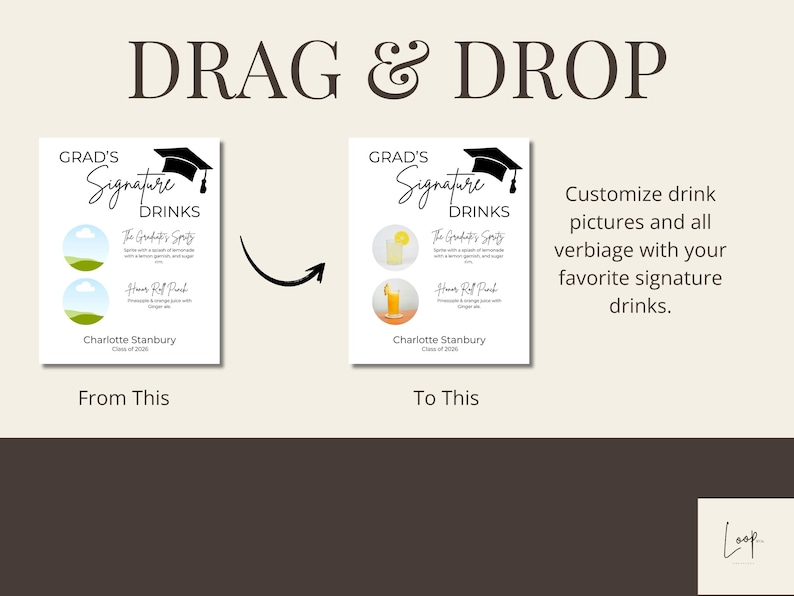 May include: A digital template for a graduation signature drinks sign featuring the text Grad's Signature Drinks, a graduation cap icon, and placeholders for two drink images, names, and descriptions, with the name Charlotte Stanbury Class of 2026.