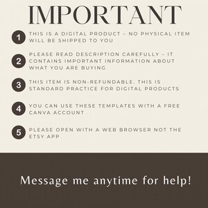 May include: A beige informational graphic with the heading IMPORTANT in dark brown text. It lists five numbered points regarding a digital product, including instructions to use a free Canva account and open files in a web browser, plus a help message.