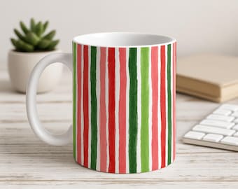 Red Green Striped Mug | Gift for Her | Colorful Coffee Mug | Pink Green Mug | Teacher Gift | Coworker Gift | Coffee Lover Gift