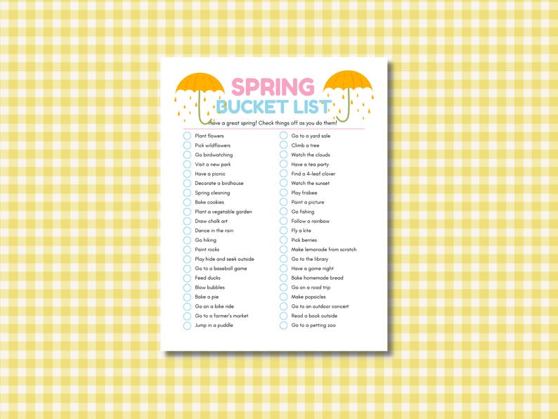 Spring Page To List Spring Bucket List Printable for Kids | Spring Activity Checklist ...
