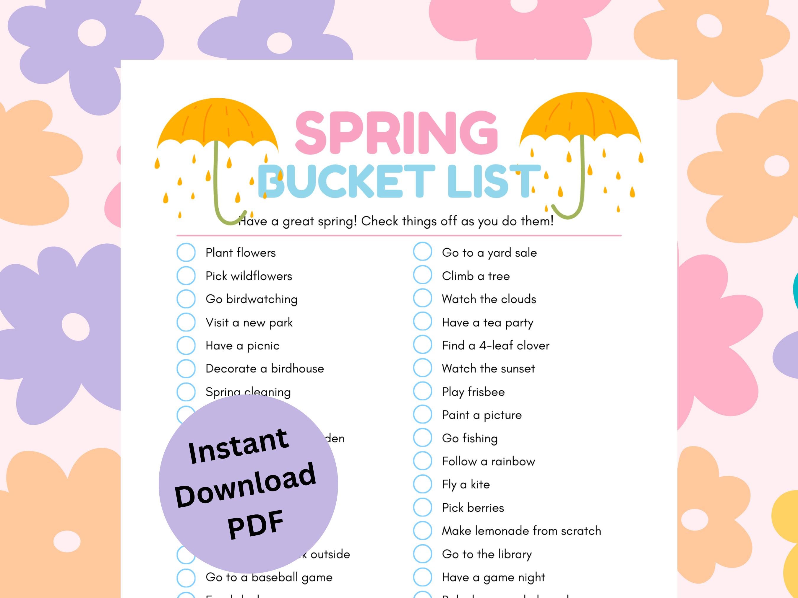 Spring Bucket List Printable for Kids | Spring Activity Checklist ...