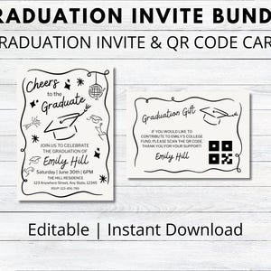 Szablon zaproszenia na uroczystość ukończenia studiów | Zestaw zaproszenia na uroczystość ukończenia studiów i karty z kodem QR | Edytowalne zaproszenie na uroczystość ukończenia studiów w serwisie Canva