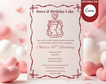 Bow Birthday Invitation | Adult Birthday Party Invite | Birthday Cake Invitation | Coquette Birthday Invite | Editable Canva Template