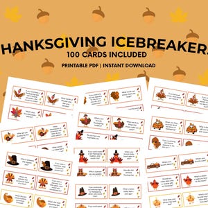 Könnte beinhalten: Thanksgiving Icebreakers-Karten mit 100 Karten inklusive. Die Karten haben einen hellorangen Hintergrund mit Illustrationen von Eicheln und Blättern. Jede Karte enthält eine Frage zum Erntedankfest. Der Text "Thanksgiving Icebreakers" steht oben.
