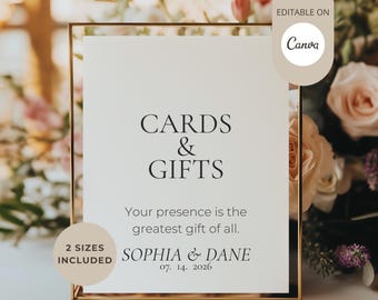 Editable Cards and Gifts Sign | Wedding Cards and Gifts Sign Template | Modern Wedding Reception Decor | Canva Wedding Sign