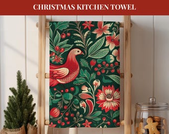 Weihnachts-Küchenhandtuch mit Vogelmotiv | Vintage-Weihnachtshandtuch im Folk-Art-Stil | Rot-grünes Geschirrtuch mit Blumenmuster | Weihnachtsdeko mit Rebhuhnmotiv | Geschenk für Gastgeber