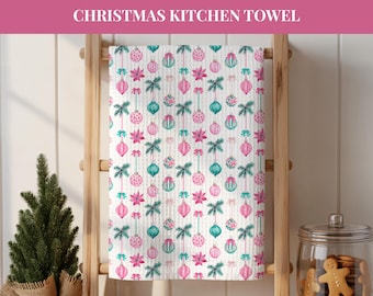 Rosa Küchenhandtuch mit Weihnachtsmotiv | Elegantes Geschirrtuch für die Feiertage | Türkisfarbene Weihnachtsdeko | Mikrofaserhandtuch | Perfektes Geschenk für Gastgeberinnen