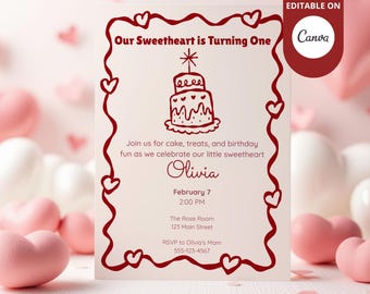First Birthday Invitation | Our Sweetheart Is Turning One | 1st Birthday Party Invite | Editable Canva Template | Sweetheart Birthday Invite