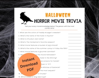 Halloween Horror Movie Trivia Game Printable | Scary Movie Quiz for Adults | Spooky Halloween Party Game | Horror Trivia Sheet