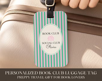 Personalized Book Club Luggage Tag | Preppy Book Lover Gift | Custom Name Travel Tag | Book Club Gift for Her | Pink Green Bag Tag