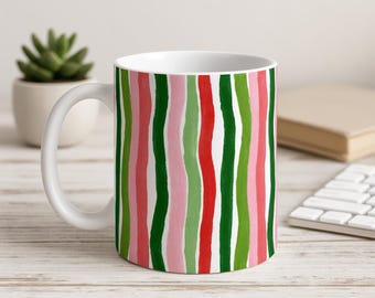 Wavy Striped Mug | Gift for Her | Pink Green Coffee Mug | Colorful Coffee Cup | Preppy Mug | Teacher Gift | Coworker Gift