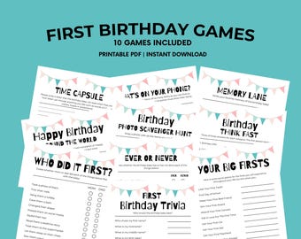 Pacote de Jogos Imprimíveis para Festa de Primeiro Aniversário | Jogos para o Primeiro Aniversário do Bebê | Atividades para o 1º Aniversário de Meninas ou Meninos | Festa de Um Ano