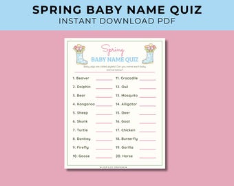 Spring Baby Name Quiz | Printable Baby Shower Game | Spring Baby Shower Activity | Baby Animal Name Game | Baby Shower Printable