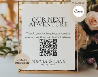 Our Next Adventure Sign | Honeymoon Fund Sign | Editable Wedding QR Code Sign | Newlywed Fund Sign | Wedding Donation Sign | Canva Template