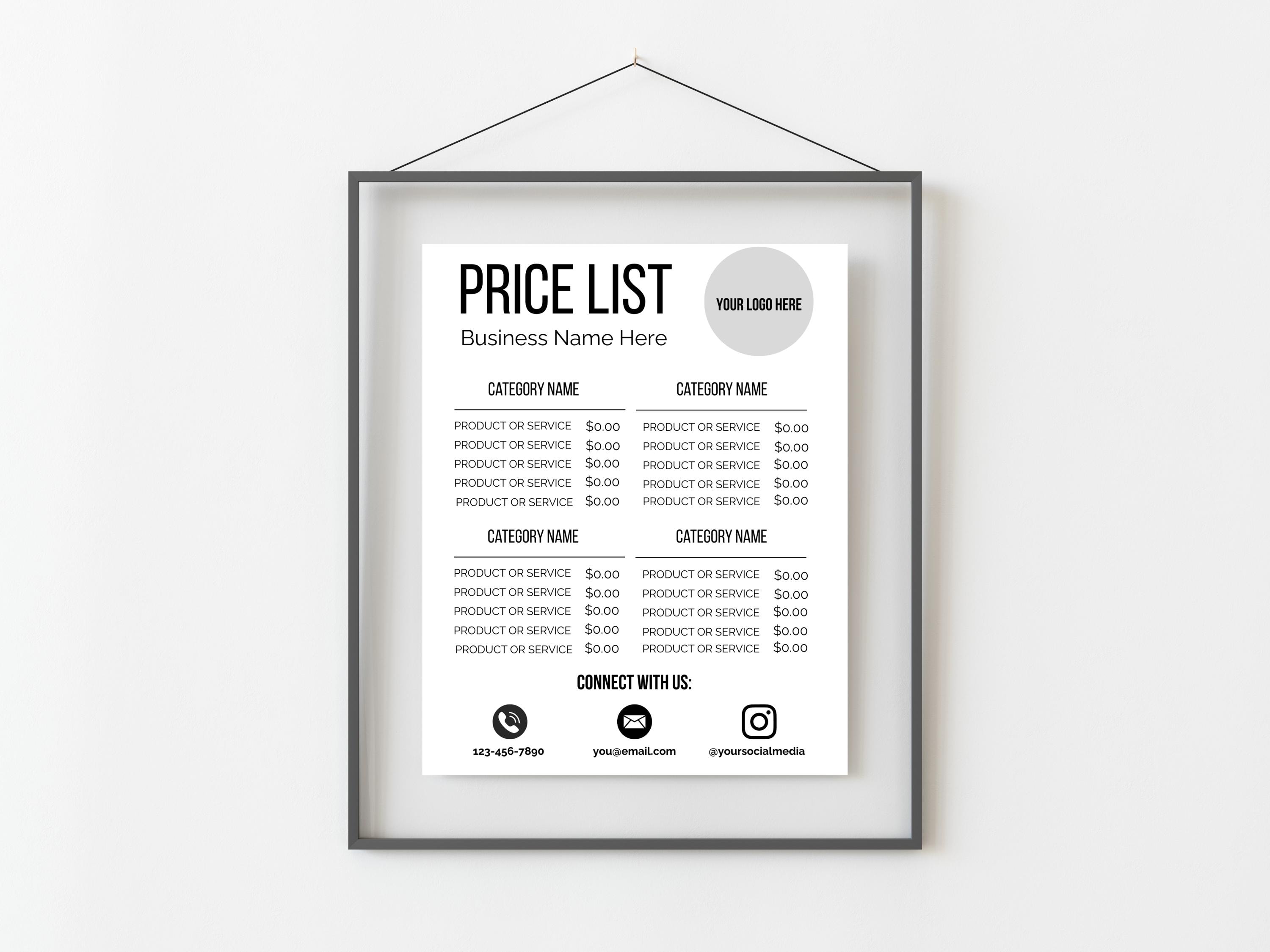 Price List Template | Editable Custom Business Sign | Digital Download ...