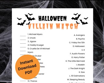 Halloween Villain Match Game | Printable Halloween Movie Trivia Game | Scary Movie Trivia | Halloween Party Game