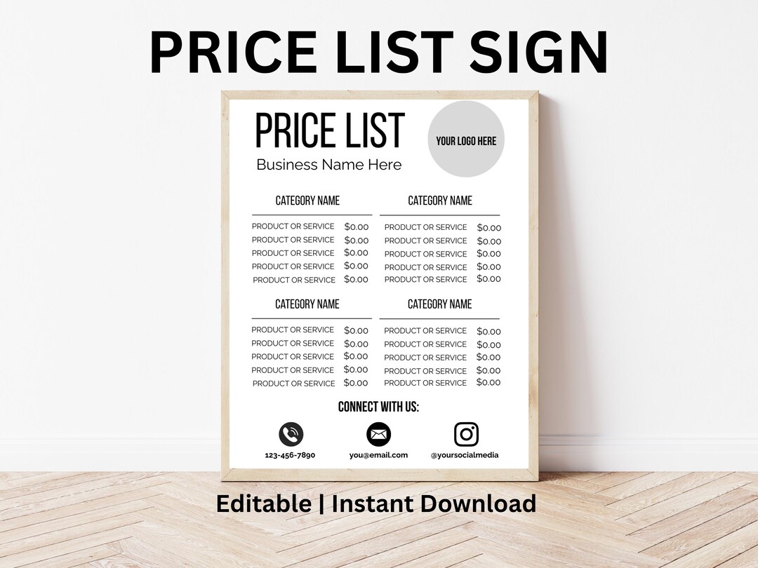 Price List Template | Editable Custom Business Sign | Digital Download ...