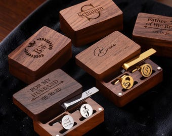 Custom Metal Cufflinks & Tie Clip Set | Engraved Wooden Box | Personalized Gift for Dad Groomsmen Business Man