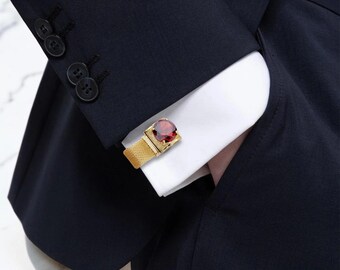 Gold Mesh Wrap Cufflinks, Groom Wedding Jewelry, Gemstone Tuxedo Cuff