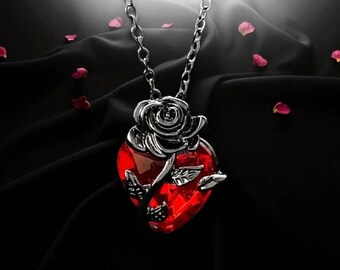 Gothic Blood Red Quartz Choker – Vampire Rose Heart Necklace