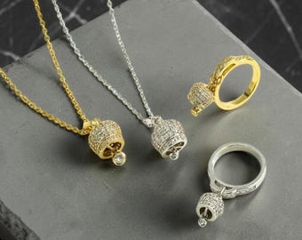 Gold Bell Charm Necklace | 18K Gold Plated | Enamel Cute Bell Pendant | Gift for Her