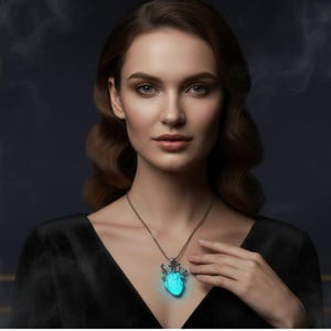 Puede incluir: Una mujer con un vestido negro lleva un collar plateado con un colgante de coraz&oacute;n azul brillante. El colgante es el punto focal, emitiendo un brillo suave y et&eacute;reo contra el fondo oscuro. El collar es una pieza de joyer&iacute;a &uacute;nica.