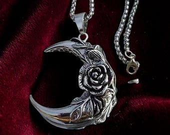 Big Moon Rose Pendant Necklace | Gothic Punk Celestial | Unisex Dark Floral Collar | Men Women Gift